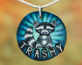 Polymer Clay Raccoon Pendant Necklace on 18" silver-plated chain