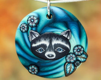 Polymer Clay Raccoon Pendant Necklace on 18" silver-plated chain (a16)