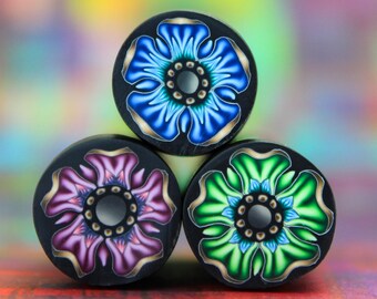 Set of 3 Small Polymer Clay Flower Canes - green, blue, and purple (8bb)