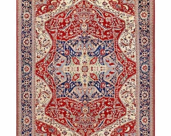 May include: A red, blue, and cream colored rug with a floral pattern. The rug has a central medallion with a geometric design. The rug is surrounded by a border with a floral pattern.