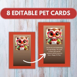8 carte de jour pour animal de compagnie modifiable, imprimable ou à envoyer, jolie carte de voeux, carte d'anniversaire pour les amateurs de grenouilles et de chouettes, modèle de carte toile, carte électronique pour animaux de compagnie, 5 x 7