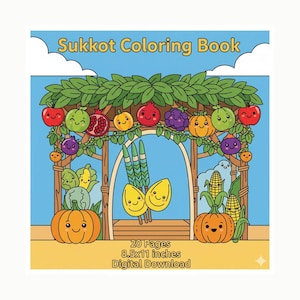 Puede incluir: Un libro para colorear digital de Sucot con un fondo azul. La portada presenta una ilustración de dibujos animados de una sucá decorada con frutas y verduras sonrientes. El texto "Sukkot Coloring Book" está en la parte superior.