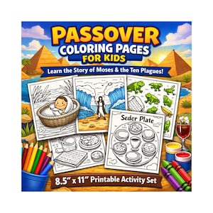 May include: A colorful Passover coloring book for kids, featuring illustrations of the story of Moses and the Ten Plagues. The set includes various coloring pages, a Seder plate illustration, and a set of crayons. The printable activity set measures 8.5" x 11".