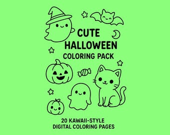 Cute Halloween Coloring Pages – 20 Kawaii Ghosts, Cats & Pumpkins (Digital Download)