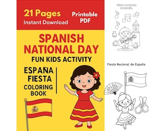 May include: A printable PDF coloring book cover with the text "Spanish National Day Fun Kids Activity." The cover features a cartoon girl in a red dress, a Spanish flag, and additional coloring pages.