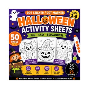 Könnte beinhalten: Halloween-Aktivitätsblätter für Punktmarker mit insgesamt 50 Seiten, darunter 25 vertikale 21,6 x 27,9 cm und 25 horizontale 27,9 x 21,6 cm Seiten. Das Cover zeigt eine Hexe, einen Kessel, ein Gespenst sowie Punkt-Kunst-Designs von Fledermaus und Kürbis.