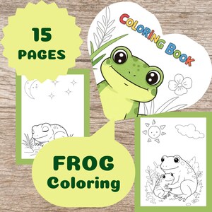 May include: A colouring book featuring 15 pages of frog illustrations. The cover shows a green frog with big eyes and a friendly smile. The title "COLOURING BOOK" is written in colourful letters. The book is perfect for children who love frogs.