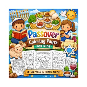 May include: A colorful illustration for Passover featuring children, a Seder plate, and a menorah. The text reads "Passover Coloring Pages For Kids" and "14 Fun Pages to Print & Color!" Includes coloring pages with illustrations of Passover traditions.