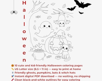 May include: Black and white Halloween-themed coloring page with a ghost, pumpkin, cat, bats, and witch hat. The word "Halloween" is written vertically. Includes text: "10 cute and kid-friendly Halloween coloring pages".