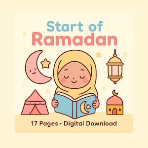 May include: A digital illustration with the text "Start of Ramadan". The image features a cartoon girl wearing a yellow hijab, reading a blue book with a crescent moon and star. Other elements include a pink moon, star, tent, lantern, and mosque.