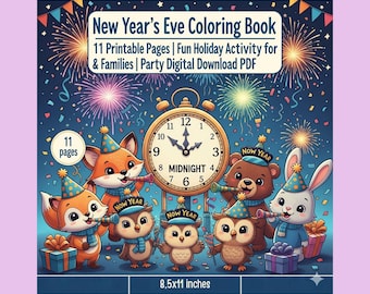 May include: A digital download coloring book cover with the text "New Year's Eve Coloring Book." The image features cartoon animals wearing party hats and blowing horns. The book is 8.5 x 11 inches and has 11 printable pages.