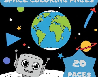 May include: A coloring book with 20 pages featuring space-themed illustrations. The cover shows a robot looking up at Earth, a blue planet with green continents, and a star-filled black background.