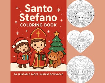 May include: A red coloring book cover with the text "Santo Stefano COLORING BOOK" and illustrations of a person in a red robe, a child in a Santa hat, and a squirrel. Includes three coloring pages.