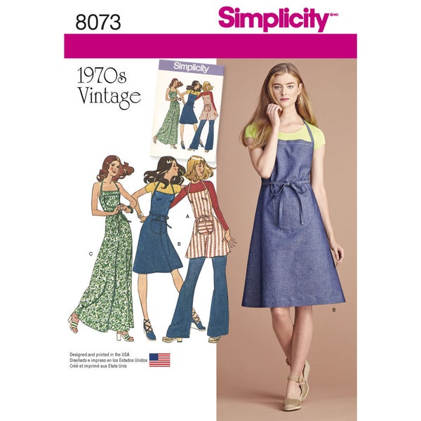 Simplicity Pattern 8073 Vintage 1970's Apron Dress in Three Lengths with Large Pockets Misses 4-12 or 12-20 New Uncut FF Sewing Pattern