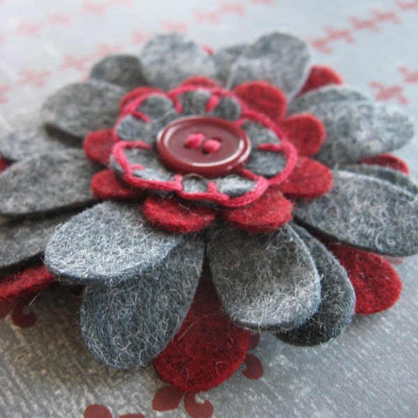 Large Layered Felt Flower Hair Clip or Pin - Red and Grey