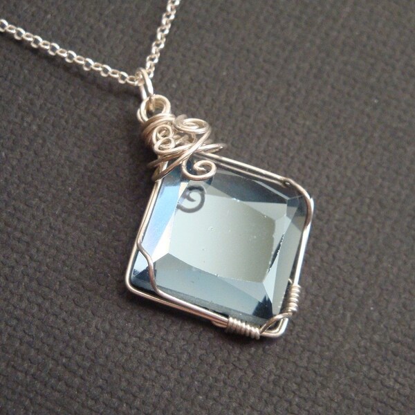 Wire wrapped light blue square cabochon