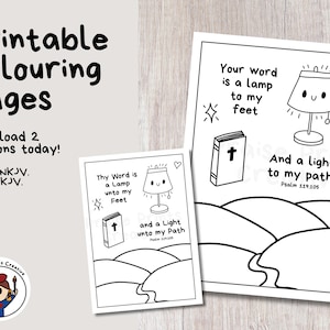 May include: Black and white colouring page featuring a lamp with a smiling face and a Bible. The text reads "Your word is a lamp to my feet and a light to my path. Psalm 119:105".
