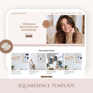 May include: A website template titled Illustration Corner featuring a hero section with the text Whimsical illustrations for everyday joy, a navigation menu, a photograph of a smiling person, and a section displaying Decorative Prints with product thumbnails.