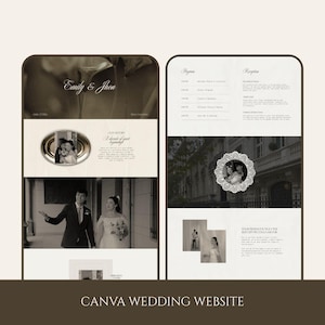 Puede incluir: Una plantilla de sitio web de bodas digital con un diseño en tonos sepia y el texto Emily & Jhon. El diseño incluye secciones para el programa, detalles de la recepción y varias fotografías en blanco y negro de una pareja con ropa formal.
