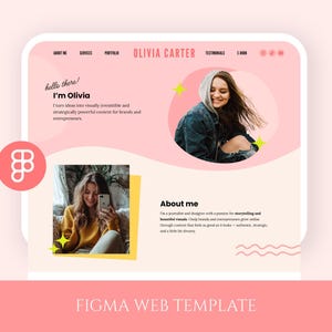 Pode incluir: Um design de modelo web digital para um site pessoal com uma paleta de cores rosa suave. O layout inclui o nome Olivia Carter, links de navegação e duas seções com fotografias de uma pessoa, blocos de texto e detalhes de estrelas amarelas.