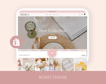 May include: A website interface for HIDRA featuring a New Collection banner with a glass, book, and woven placemat. The layout includes a navigation bar, a Shop Now button, and a grid of product thumbnails showing candles, bottles, and decor items.