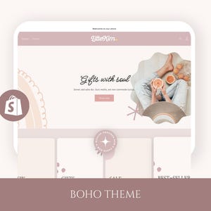 May include: A website design with a boho theme, featuring a soft color palette. The site includes the text "Little Kim" and "Gifts with soul." An image shows a person holding grapefruit. The bottom banner reads "BOHO THEME."