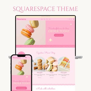 Op de afbeelding: Een roze Squarespace thema-ontwerp met een laptop en smartphone die een website voor een macaronwinkel weergeven. De website toont macarons en de tekst "Handcrafted one at a time ORDER TODAY".