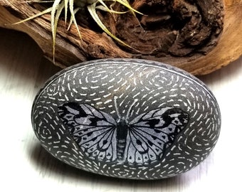 Silver Metallic Butterfly Stone | Paperweight | Meditation Stone | Painted Rock | Zen Rock | Stone Painting | Rock Art