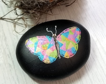 Multi Colored Metallic Butterfly Stone | Paperweight | Meditation Stone | Painted Rock | Zen Rock | Stone Painting | Rock Art