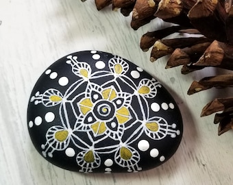 White on Black Painted Mandala Stone | Paperweight | Meditation Stone | Painted Rock | Zen Rock | Stone Mandala | Stone Painting | Rock Art