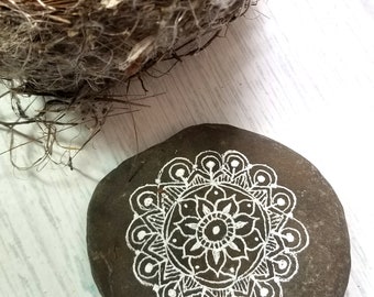 White Hand Painted Mandala Stone | Paperweight | Meditation Stone | Painted Rock | Zen Rock | Stone Mandala | Stone Painting | Rock Art