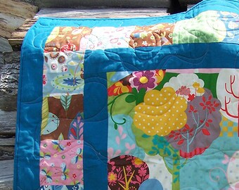 Birds and Trees Motif, Blue, Birds on a Wire, Polka  Dot,Pink, Turquoise, Yellow, Multi-colored baby quilt, table topper, or playmat