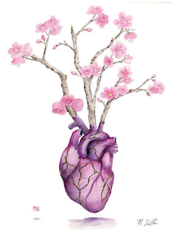 Kintsugi Heart - Gold Heart Cherry Blossom Watercolor Hand