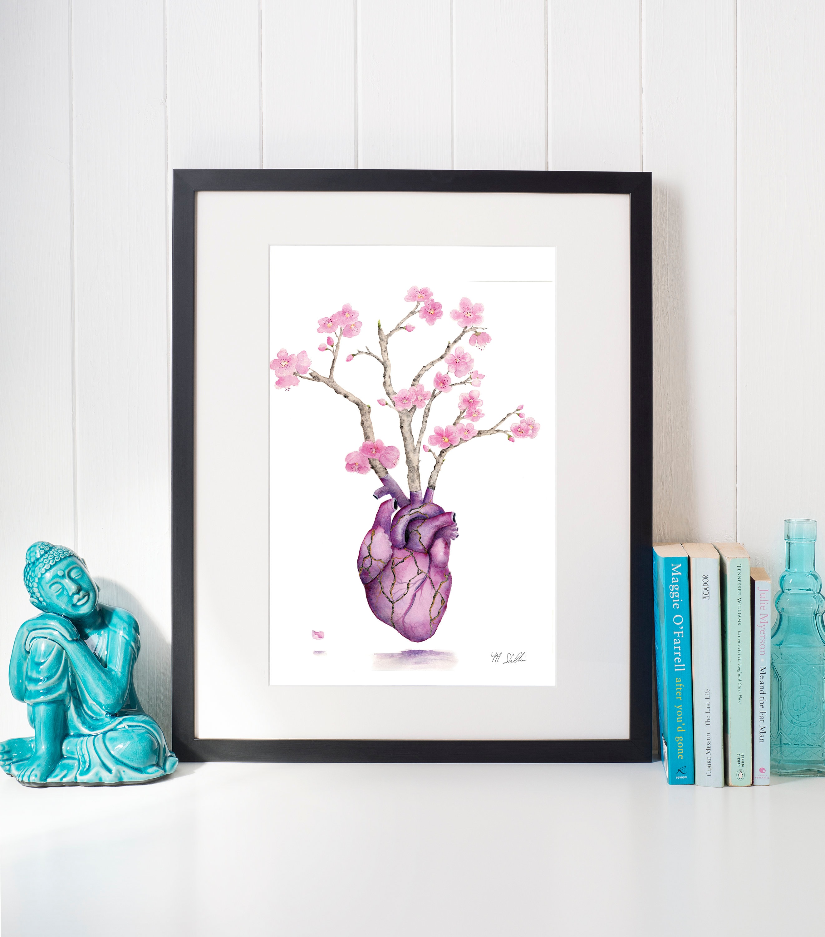 Kintsugi Heart - Gold Heart Cherry Blossom Watercolor Hand