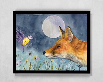 The Offering Fox and Bird Dandelion and Full Moon Print