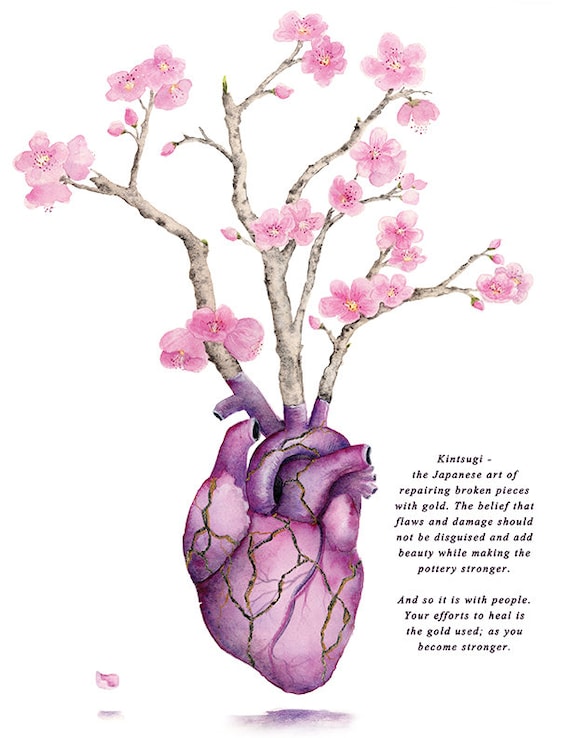 Kintsugi Heart - Gold Heart Cherry Blossom Watercolor Hand