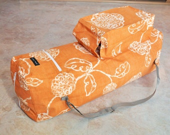 Extra large yoga mat bag, Orange and white yoga bag with pockets, Zippered yoga tote bag with block pocket, Floral yoga mat carrier for her