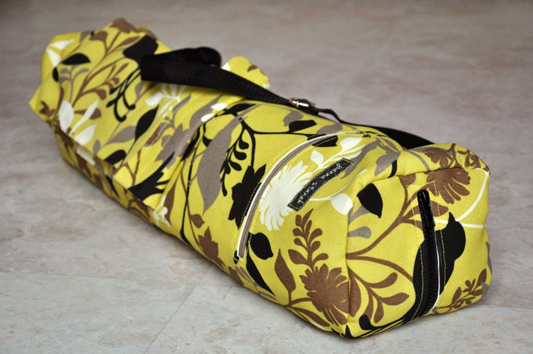 Yoga and Pilates Mat Bag, Unique Yellow, Black, Ivory, and Tan Bird and