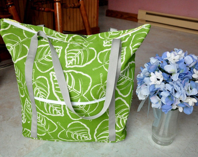 Very Large Tote Bag, Diaper Bag, Carry on Bag Green and White Leaf