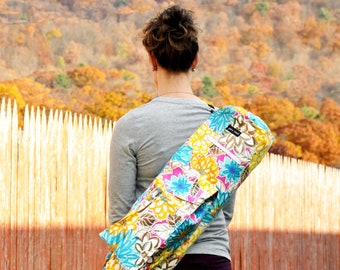 Standard size zippered yoga bag, pink, blue, orange floral