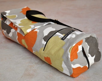 Yoga mat bag, pilates mat bag, beautiful grey, orange, and olive floral, boho chic yoga bag with zipper, pockets, and adjustable strap