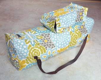 Large yoga mat bag, Blue, yellow, and brown floral yoga bag, Beautiful boho chic yoga tote bag, Zippered yoga mat carrier with pockets