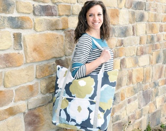 Large floral airline tote purse, stone gray, blue, olive green, white