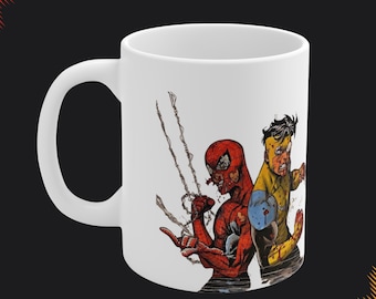Taza de superhéroe: Invencible y Spiderman Fan Art