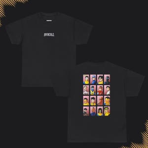 May include: Black t-shirt with the word "INVINCIBLE" printed on the front and a grid of 16 comic book character faces on the back.