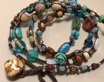 Boho Beaded Wrap Bracelet, Multi Strand Bracelet, Beachy Shell Stone Jewelry, Handmade Statement Bracelet