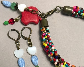 Multicolor braided seed bead bracelet with apple charm + coordinating earring set