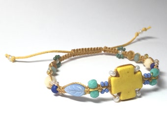 Colorful Beaded Bracelet, Macrame Bracelet, Yellow Blue Jewelry, Adjustable Bracelet, Handmade Gift for Her – You Are My Sunshine