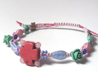 Colorful Beaded Bracelet, Macrame Bracelet, Pink Blue Jewelry, Adjustable Bracelet, Handmade Gift for Her – Easter Garden