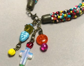 Multicolor braided seed bead bracelet with charm dangles + coordinating earring set
